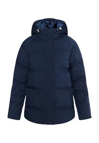 Námořnická modrá péřová bunda s kapucí, předním zipem, žebrovanými manžetami a prošívanou strukturou. Má elegantní, přiléhavý design.
