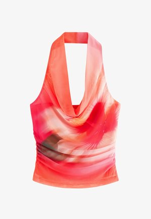 Mouwloos haltertopje met gedrapeerde halslijn in rood, oranje en roze verloop met bloemmotief.