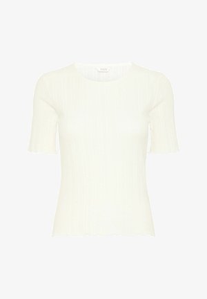 Weißes, kurzärmeliges, geripptes Oberteil mit rundem Halsausschnitt und gewelltem Saum. Hergestellt aus einem strukturierten Stoff, der eine figurnahe Silhouette bietet.