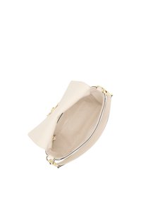 Cream leather handbag with a bow accent, gold hardware, and a structured shape. Interior is lined with beige fabric.