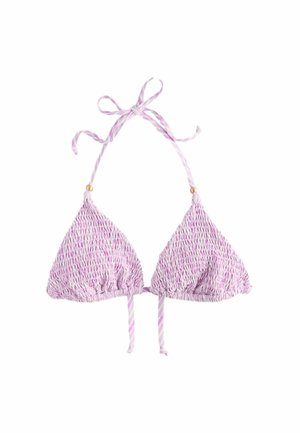 Smocked lavender bikini top with triangular cups, adjustable ties, and striped straps featuring small gold accents.