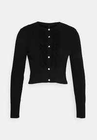 Černý zkrácený cardigan s dlouhými rukávy, rýhovanou texturou, předním volánkem a pěti stříbrnými knoflíky.