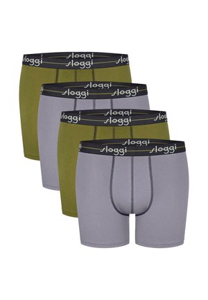 Cuatro pares de boxers Sloggi en colores verde y gris, con una cinturilla negra con logo y una textura suave similar al algodón.