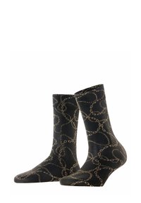 Schwarze Socken mit einem strukturierten goldenen Kettenmuster, aus weichem Material gefertigt, mit einer Standardhöhe und verstärkten Zehen- und Fersenbereichen.