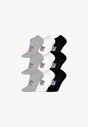 Sześć par skarpetek kostkowych w kolorach szarym, białym i czarnym, każda z logo NFL w kolorach czerwonym, białym i niebieskim na kostce.
