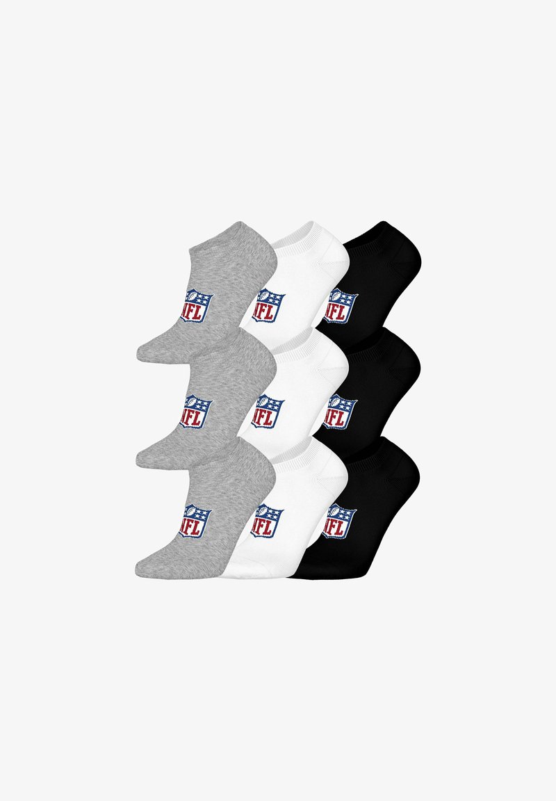 Sex par ankle socks i grått, vitt och svart, var och en med en röd, vit och blå NFL-skyddes logga på ankeln.