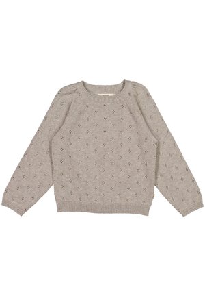 Jasnoszary dzianinowy sweter z długimi rękawami, drobnym wzorem ażurowym na całej powierzchni, ściągaczami na mankietach, dole i przy okrągłym dekolcie.