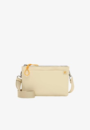 Sac bandoulière rectangulaire beige avec bandoulière en tissu réglable, fermeture éclair avec tirette orange et petite étiquette logo cousue à l'avant.