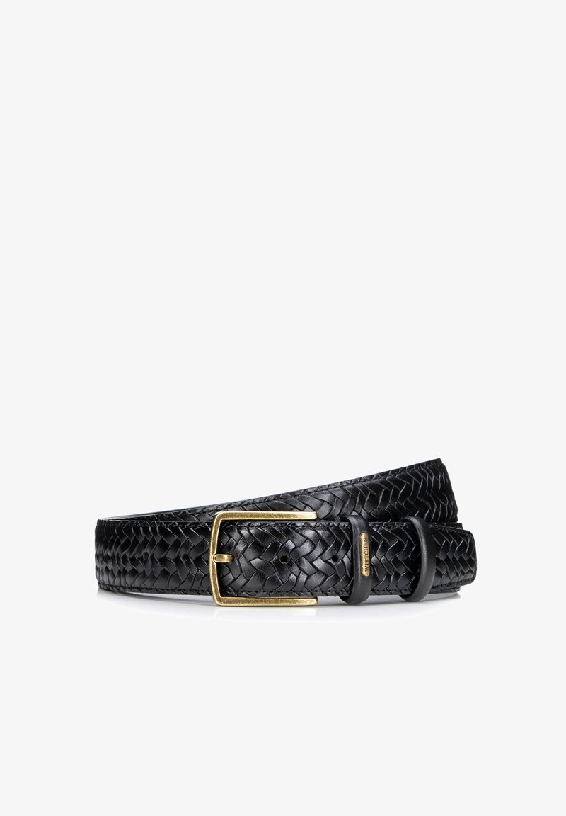 Cintura in pelle intrecciata nera con fibbia in metallo dorato e due anelli per il cinturino. La texture è intrecciata, offrendo un aspetto dettagliato.