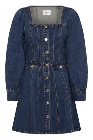 Robe en denim bleu foncé avec manches longues bouffantes, fermeture à boutons sur le devant, deux poches à rabat et encolure carrée.