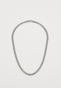 Silberne Kettenhalskette mit ineinandergreifenden Gliedern. Verfügt über ein elegantes Design und eine glatte Textur, gesichert mit einem Metallverschluss.