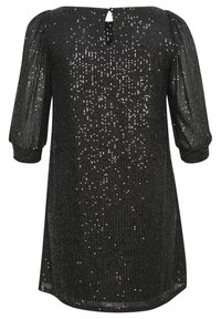 Robe noire à paillettes avec un décolleté arrondi, des manches courtes bouffantes et un détail en forme de trou de serrure à l'arrière. Texture lisse avec une finition scintillante.