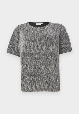 Top de punto texturizado negro y plateado metálico de manga corta, con cuello redondo y corte ajustado.