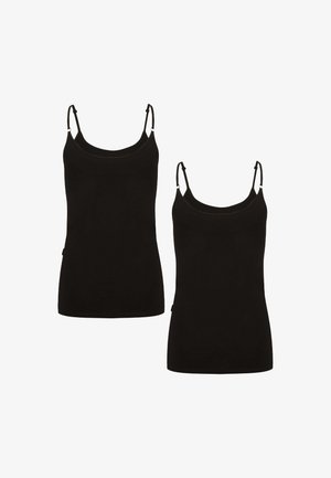 Schwarze Baumwoll-Tanktops mit dünnen, verstellbaren Trägern, runder Ausschnitt und tailliertem Design. Zwei Teile nebeneinander dargestellt.