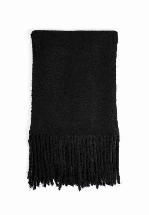 Sort tørklæde lavet af blødt, struktureret materiale. Har lange frynser forneden, rektangulær form og ensfarvet uden mønstre.