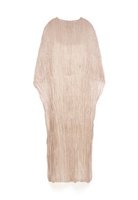 Beige, geknautschter Stoffüberwurf mit lockerer, oversized Passform. Verfügt über einen runden Halsausschnitt und fließende Ärmel, die eine entspannte Silhouette erzeugen.