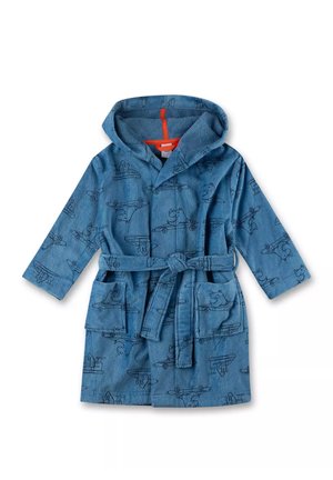 Accappatoio blu con cappuccio e motivi illustrati di aerei e animali. Tessuto morbido, due tasche frontali e una cintura abbinata.