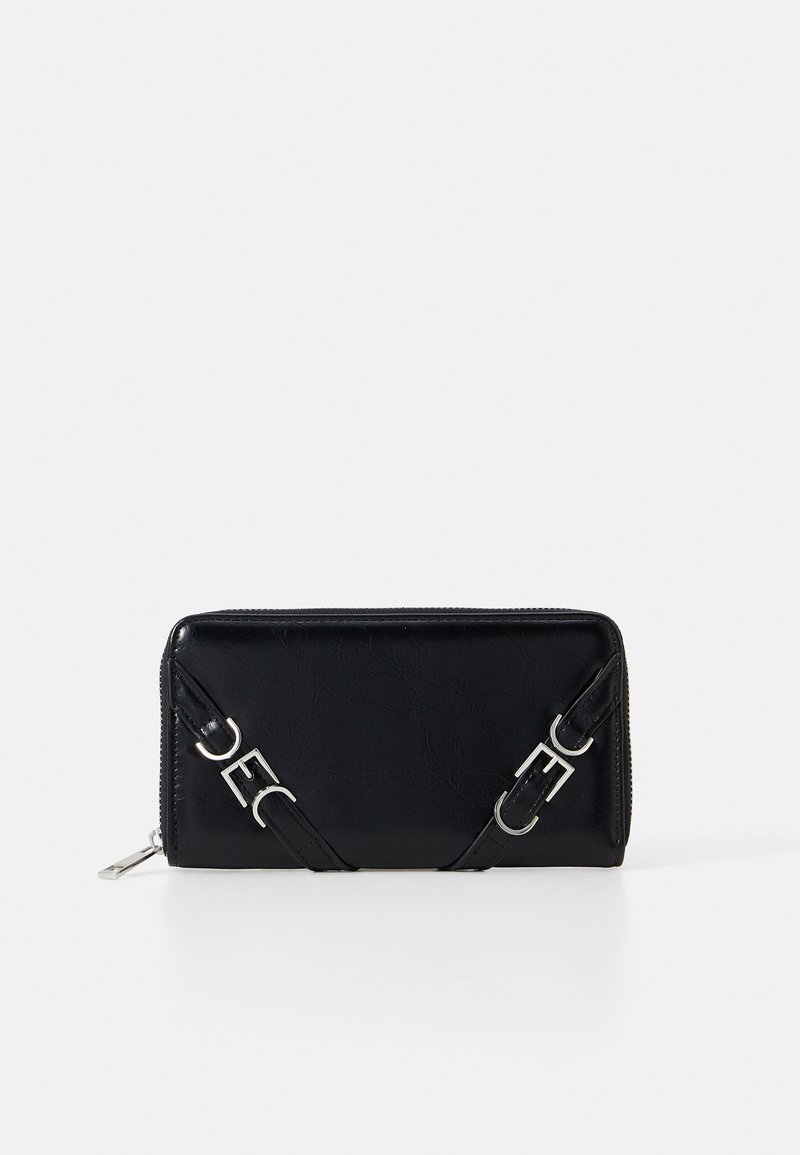 Black faux leather wallet with a zip closure, featuring silver hardware and a crisscross strap detail with metal accents.