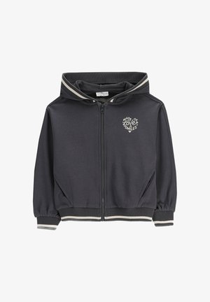 Czarna bluza z kapturem zapinana na zamek, z paskami na mankietach i dole, kapturem z paskowanym wnętrzem oraz białym napisem na piersi "Made of love & smiles."