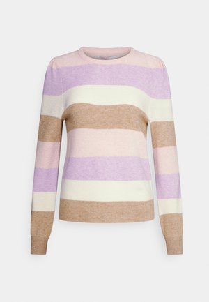 Pull en tricot à manches longues avec des rayures horizontales dans des couleurs pastel rose, lavande, crème et beige sur un fond uni.