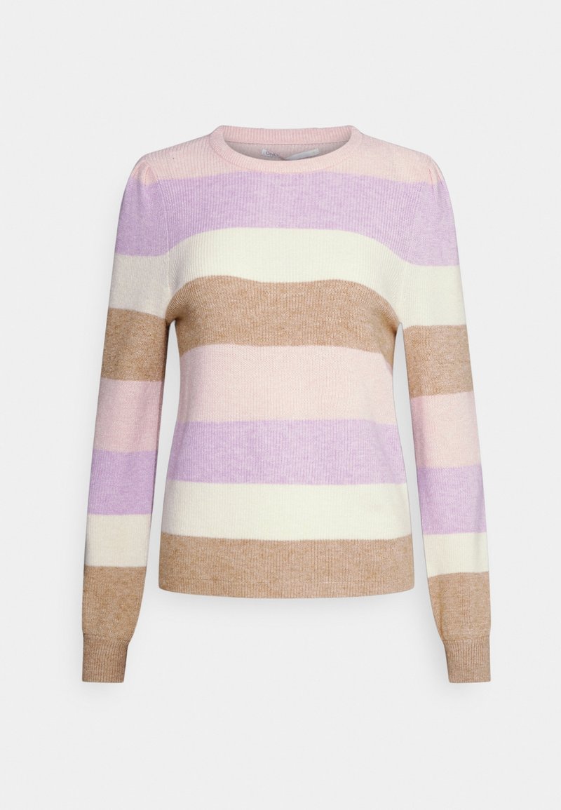 Pull en tricot à manches longues avec des rayures horizontales dans des couleurs pastel rose, lavande, crème et beige sur un fond uni.