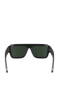Occhiali da sole neri a forma rettangolare con lenti scure e aste in acetato trasparente, caratterizzati da un design elegante e da dettagli minimal.