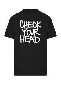 Black cotton t-shirt featuring large white graphic text reading "CHECK YOUR HEAD" in a bold, informal font on the front.