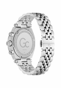 Ročna ura iz nerjavečega jekla z osmokotno ohišje, srebrna površina, funkcija kronografa, safirno steklo in verižna zapestnica. Ima varen sponki.