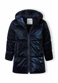 Tengerészkék puffert jacket fényes, steppelt felülettel. Kapucnival, elülső cipzárral és oldalsó zsebekkel rendelkezik a fokozott funkcionalitás érdekében.