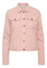 Ljust rosa denimjacka med krage, knappstängning fram, två bröstfickor och långa ärmar med en kortad fåll. Silverdetaljer.