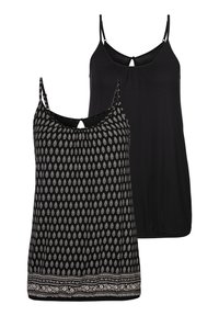 Two women's tank tops: one black and one patterned with white motifs and a decorative hem. Both have slim straps and a back keyhole design.