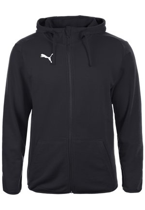 Felpa con zip nera realizzata in tessuto morbido. Presenta un cappuccio, lacci e due tasche frontali. Logo bianco notevole sul lato sinistro del petto.