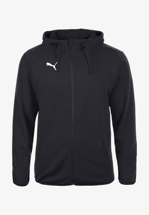 Felpa con zip nera realizzata in tessuto morbido. Presenta un cappuccio, lacci e due tasche frontali. Logo bianco notevole sul lato sinistro del petto.