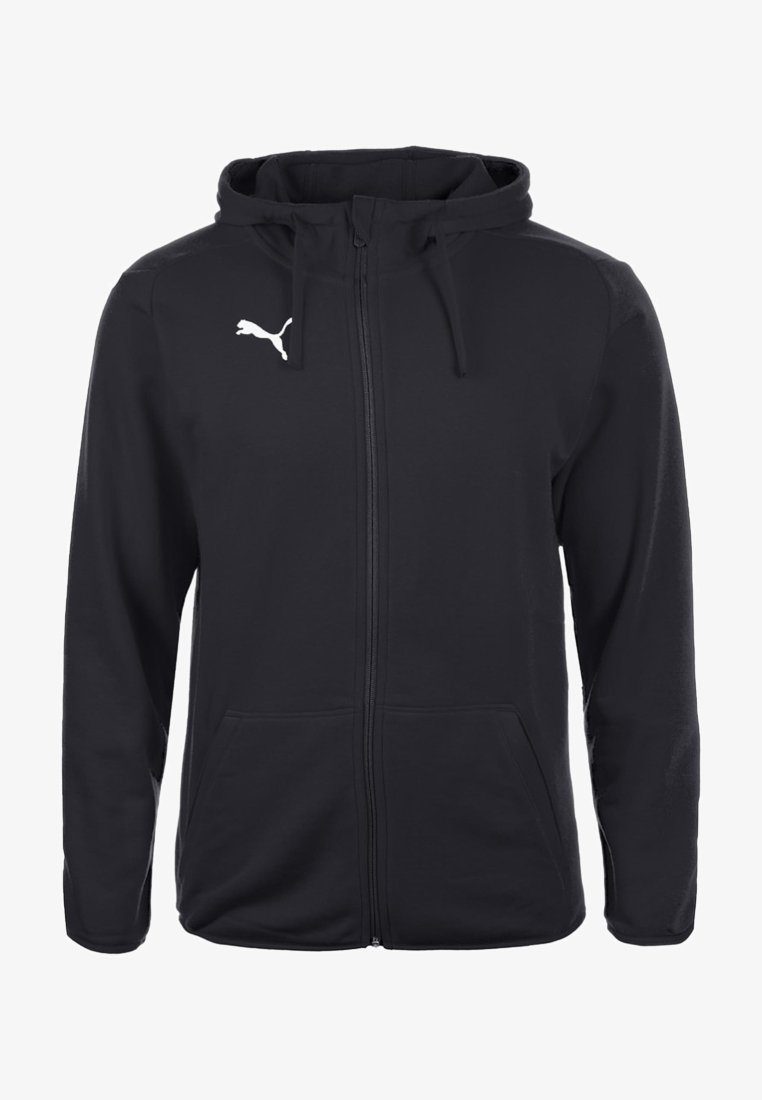 Sweat à capuche noir à fermeture éclair en tissu doux. Comprend une capuche, des cordons de serrage et deux poches avant. Logo blanc notable sur la poitrine gauche.