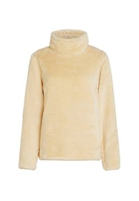 Fleece turtleneck pullover in lichtgeel. Zachte, pluizige textuur met lange mouwen en een hoge kraag, met een relaxte pasvorm. Geen sluitingen.