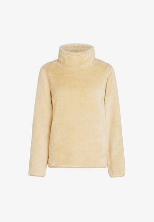 Fleece turtleneck pullover in light yellow. Soft, plush texture with long sleeves and a high collar, featuring a relaxed fit. No fastenings.