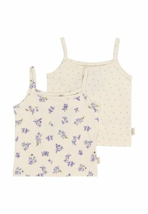 To tanktop i creme bomuld; den ene med lilla blomsterprint, den anden med lyseblå hjerte-mønster. Slanke justerbare stropper.