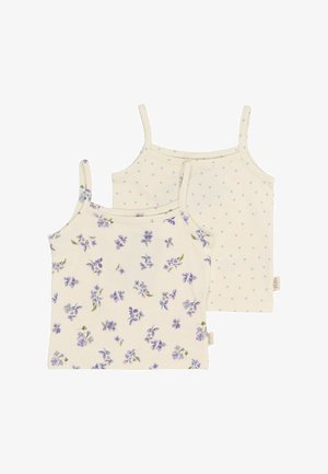 To tanktop i creme bomuld; den ene med lilla blomsterprint, den anden med lyseblå hjerte-mønster. Slanke justerbare stropper.