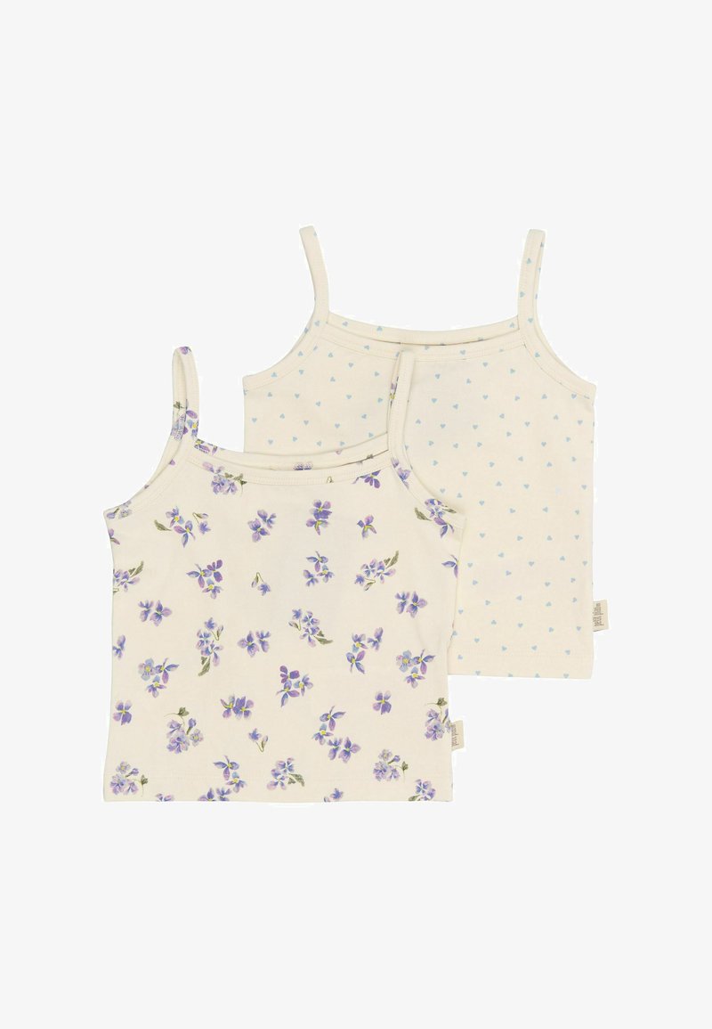 Deux débardeurs en coton crème ; l'un avec un imprimé floral violet, l'autre avec un motif de cœurs bleu clair. Fines bretelles ajustables.
