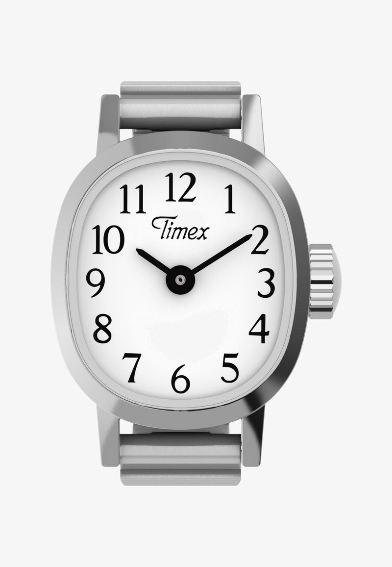 Ασημένιο ρολόι χειρός Timex που δείχνει 10:10, με μαύρους αριθμούς σε λευκό καντράν και ορατή μεταλλική σύνδεση μπρασελέ.