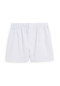 Himmelblaue und weiße gestreifte Boxershorts aus weichem Stoff, mit einem elastischen Bund und zwei vorderen Knöpfen.