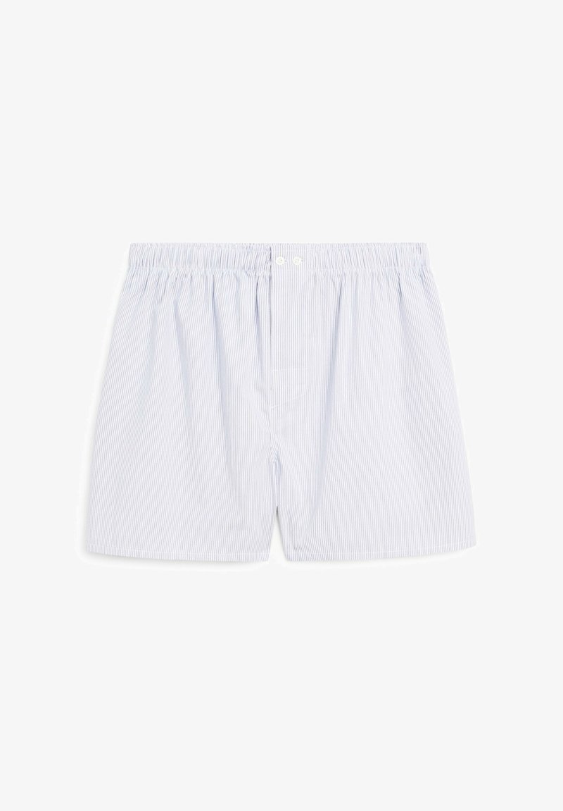 Light blue and white striped boxers made of soft fabric, featuring an elastic waistband and two front buttons.