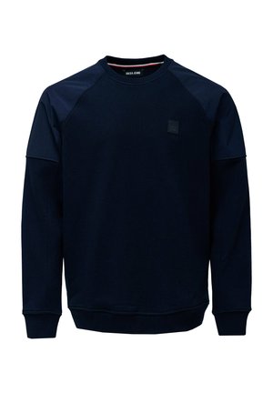 Marineblaues Langarm-Sweatshirt mit Rundhalsausschnitt, gerippten Bündchen an Ärmeln und Saum sowie einem kleinen Markenpatch auf der linken Brust.