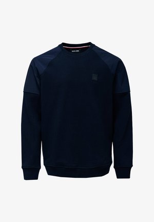 Marineblaues Langarm-Sweatshirt mit Rundhalsausschnitt, gerippten Bündchen an Ärmeln und Saum sowie einem kleinen Markenpatch auf der linken Brust.