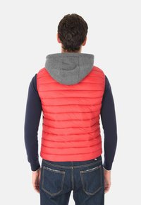 Uomo che indossa un gilet imbottito rosso con cappuccio grigio su maniche lunghe blu marine e jeans blu, mostrato di spalle su uno sfondo bianco.