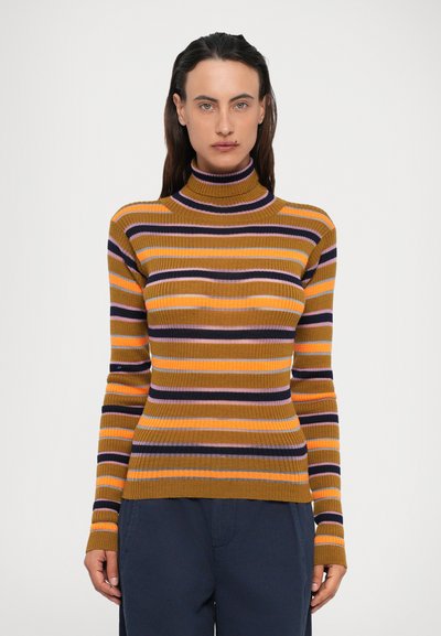 Femme aux longs cheveux bruns portant un pull à col roulé côtelé rayé marron, orange, violet et noir ainsi que des pantalons sombres, se tenant devant un fond uni.