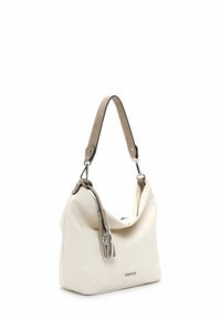 White faux leather handbag with a curved shape, beige strap, and silver hardware accent. Features a side tassel detail and logo.