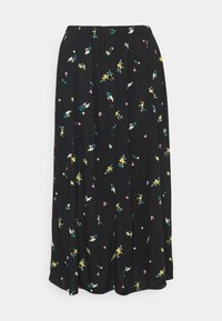 Jupe midi noire à fleurs fabriquée en tissu léger, ornée de motifs floraux colorés, d'une taille élastique et de détails de boutons sur le devant.