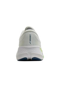 Valkoiset urheilukengät, joissa on sileä päällinen, pehmustettu pohja ja hillittyjä sinisiä ja limenvihreitä yksityiskohtia. Brändin logo kantapäällä.