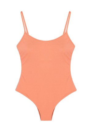 Costume da bagno intero color corallo con sottili spalline regolabili e scollo a girocollo, esposto su uno sfondo bianco.